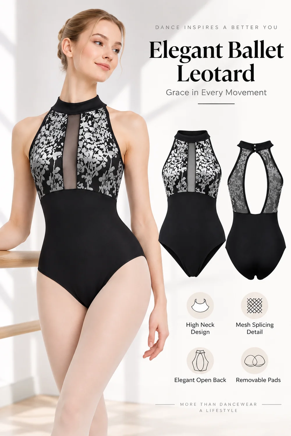 Women’s Ballet Leotard Sleeveless High Neck Open Back Floral Burnout Mesh Dance Bodysuit with Removable Pads