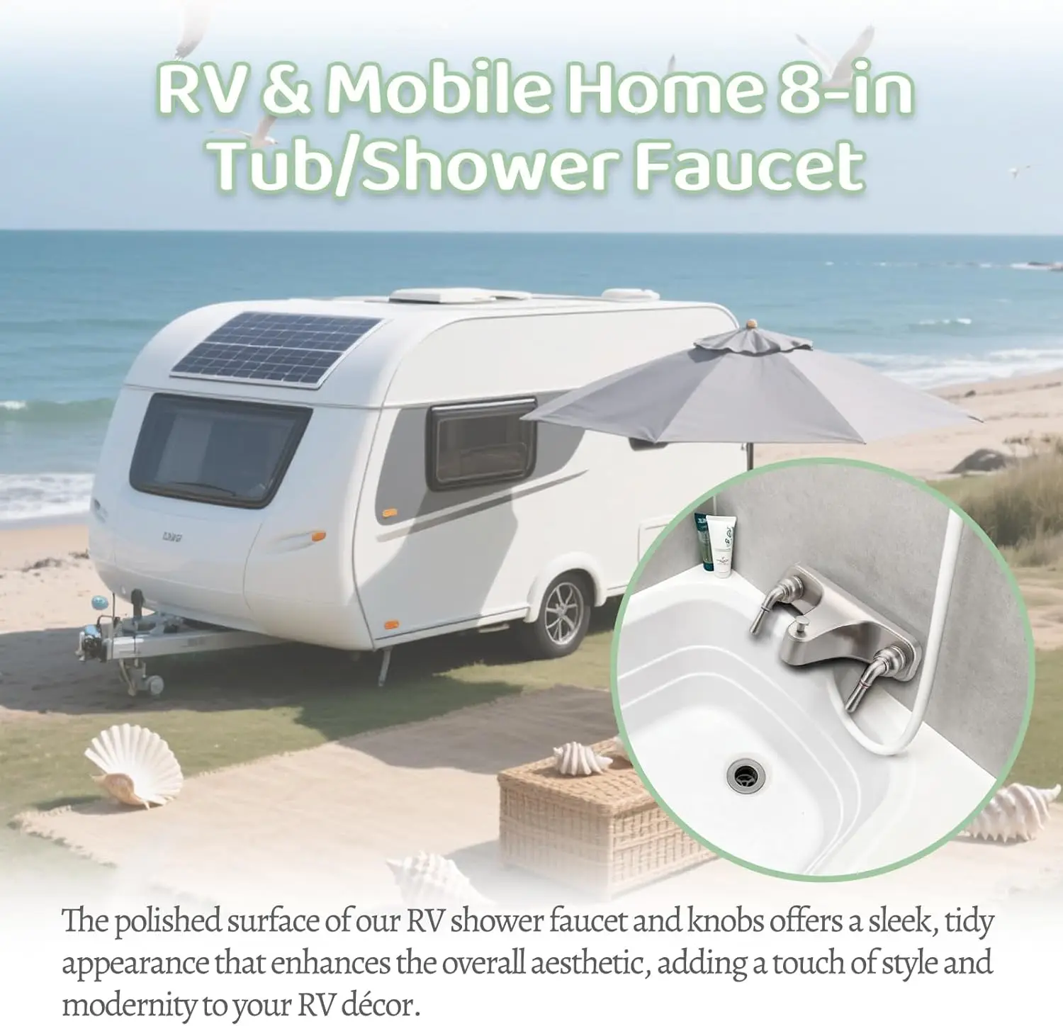 8' Two-Handle Shower Faucet with Diverter, Brushed Nickel, for RV/Mobile Home