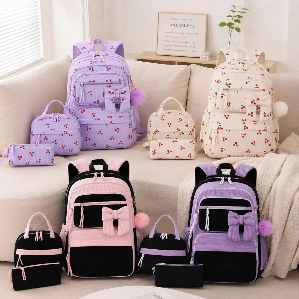 3PCS Cartoon Backpack,lunch Bag,Pencil Case Set Large Capacity 4Colors Bow-knot Schoolbag Set Corduroy Material Lightweight