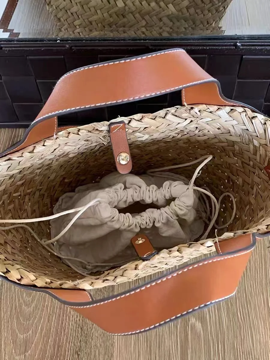 Summer Straw Woven Handmade Bucket Bag Women Handbag Lady Purse Female Fashion Shoulder Messenger Bag Holiday Vacation Beach Bag