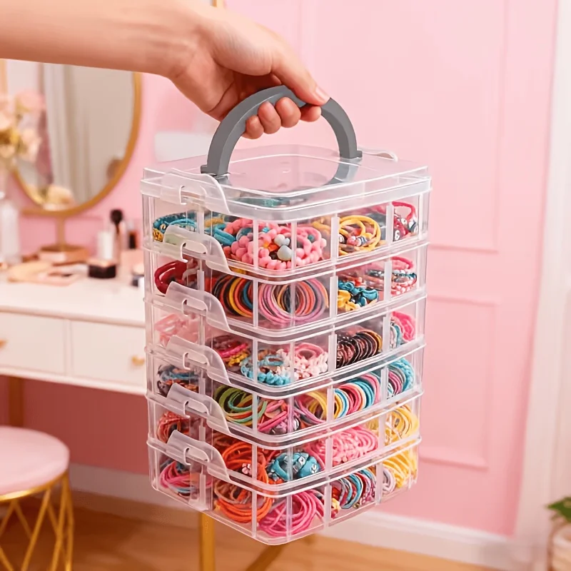 5-layer transparent storage box with lid and handle, snap closure design, used for storing jewelry, accessories, sewing supplies, jewelry-making items, accessory organizers, and hardware parts.