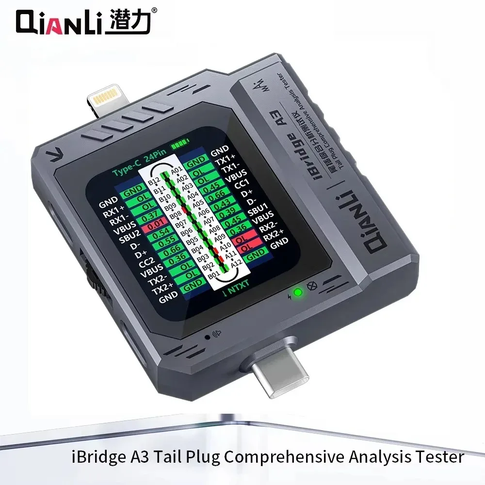 QIANLI iBridge A3 staartstekkerdetector voor onderhoud van mobiele telefoons Ondersteuning Lightning en Type-C stroomspanningsdetectietool