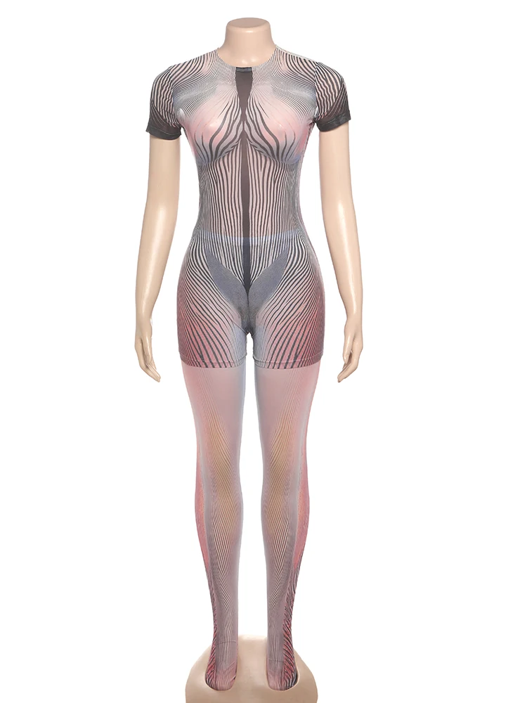 Weird Puss Striped Patchwork 2 Piece Set Women o-Neck Short Sleeve Skinny Playsuits+Mesh Long Pants Club Wild Style Trend Suits