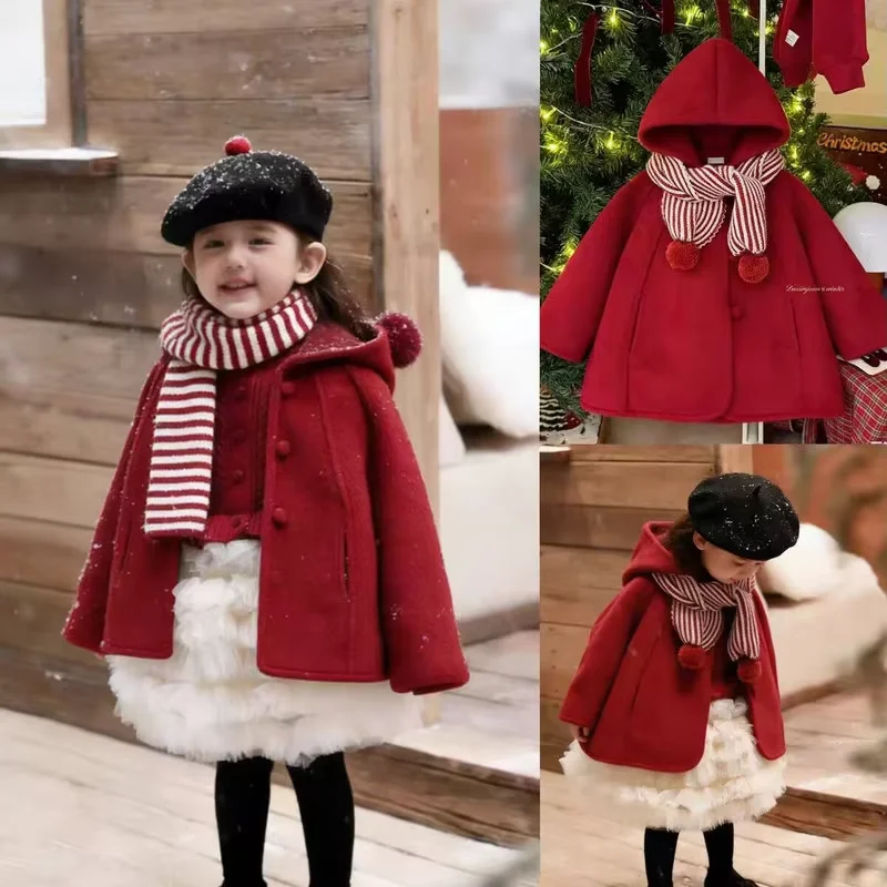 2026 New Girls Red Hooded Wool Coat Autumn Winter Thick Warm Jacket Kids New Year Outerwear 80-140CM