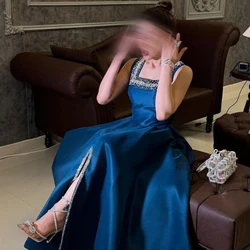 CUstomized Square Collar Crystal SLeeveless A-line Evening Dress Modern Style Sexy Backless Draped Ankle Length Paegant Gowns