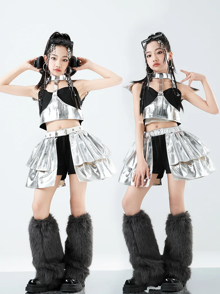 Girls Hip Hop Sets K-pop Sequin Crop Top Shirt Street Dance Silver Skirts Kids Streetwear Child Jazz Costume Girl Group Clothes