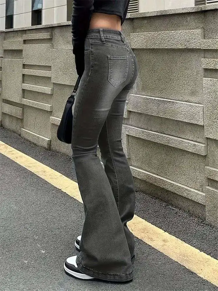 QWEEK Vintage Flared Stretch Jeans Women High Waist Skinny Boot Cut Gray Denim Pants Y2K Punk Streetwear Wide Leg Trousers