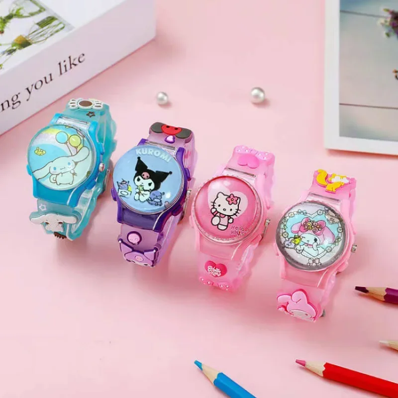Sanrio Hello Kitty Watch Anime Cartoon Kuromi My Melody Watch Kawaii Crystal Patch Glowing Decompress Rotating Electronic Watch
