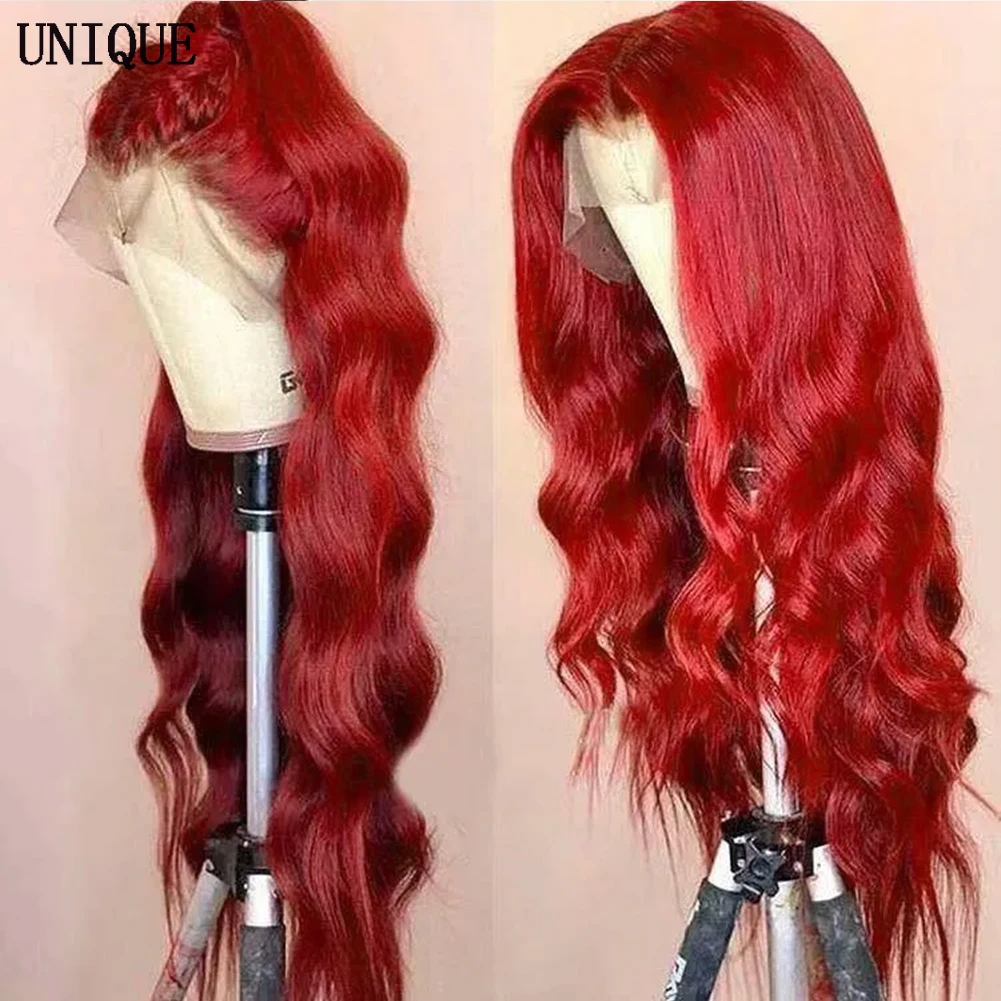 UNIQUEWIG Red Body Wave Synthetic Lace Wigs for Women Heat Resistant Cosplay Party Wig Natural Hairline Lace Front Wigs