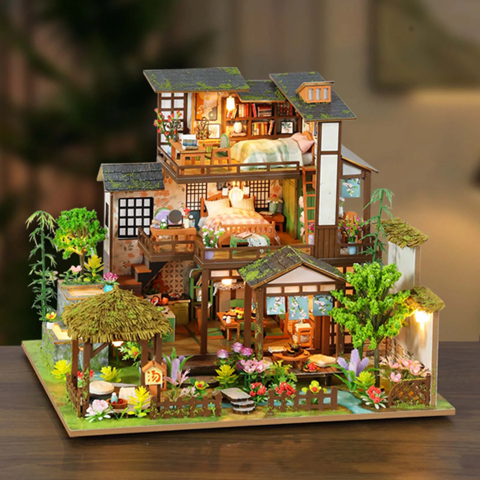 Dollhouse DIY Miniature Kits with Lights Ornament Miniature Garden House with Funiture for Birthday Gift Boys Girls Kids Adults