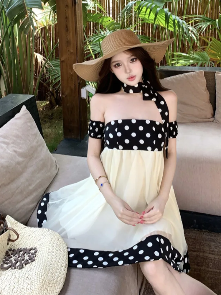 

Summer Pure Desire Polka Dot Backless One Shoulder Dress Women's Loose Flared Short Skirt Korean Style Commute Bicolor Splicing