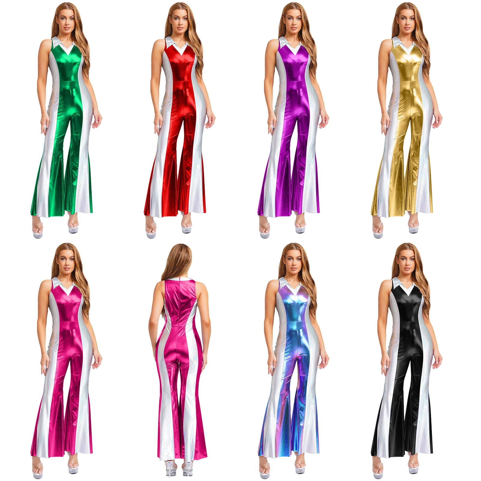 Women 70s Disco Dance Jumpsuits One Piece Shiny Metallic Bodysuit Halloween Costume Long Pants Rompers