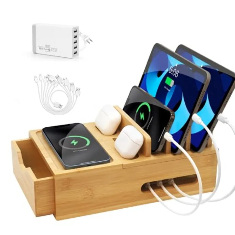 

Бамбуковая зарядная станция для нескольких устройств, настольный органайзер для зарядки с выдвижным ящиком и поддоном, деревянная док-станция для нескольких устройств