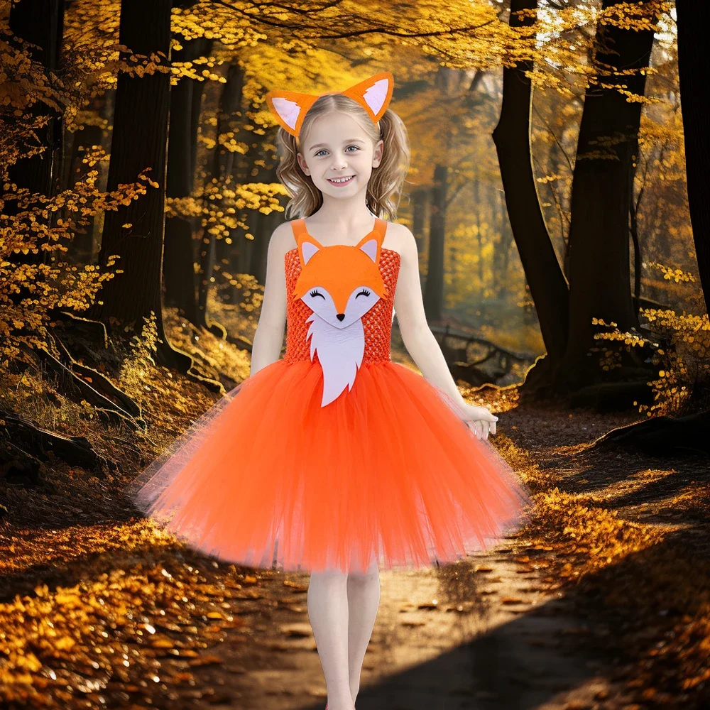 Orange Miss Fox Costume Tutu Dress Girls Forest Theme Cosplay Costumes for Kids Party Dresses Cute Animal Fancy Dress Birthday