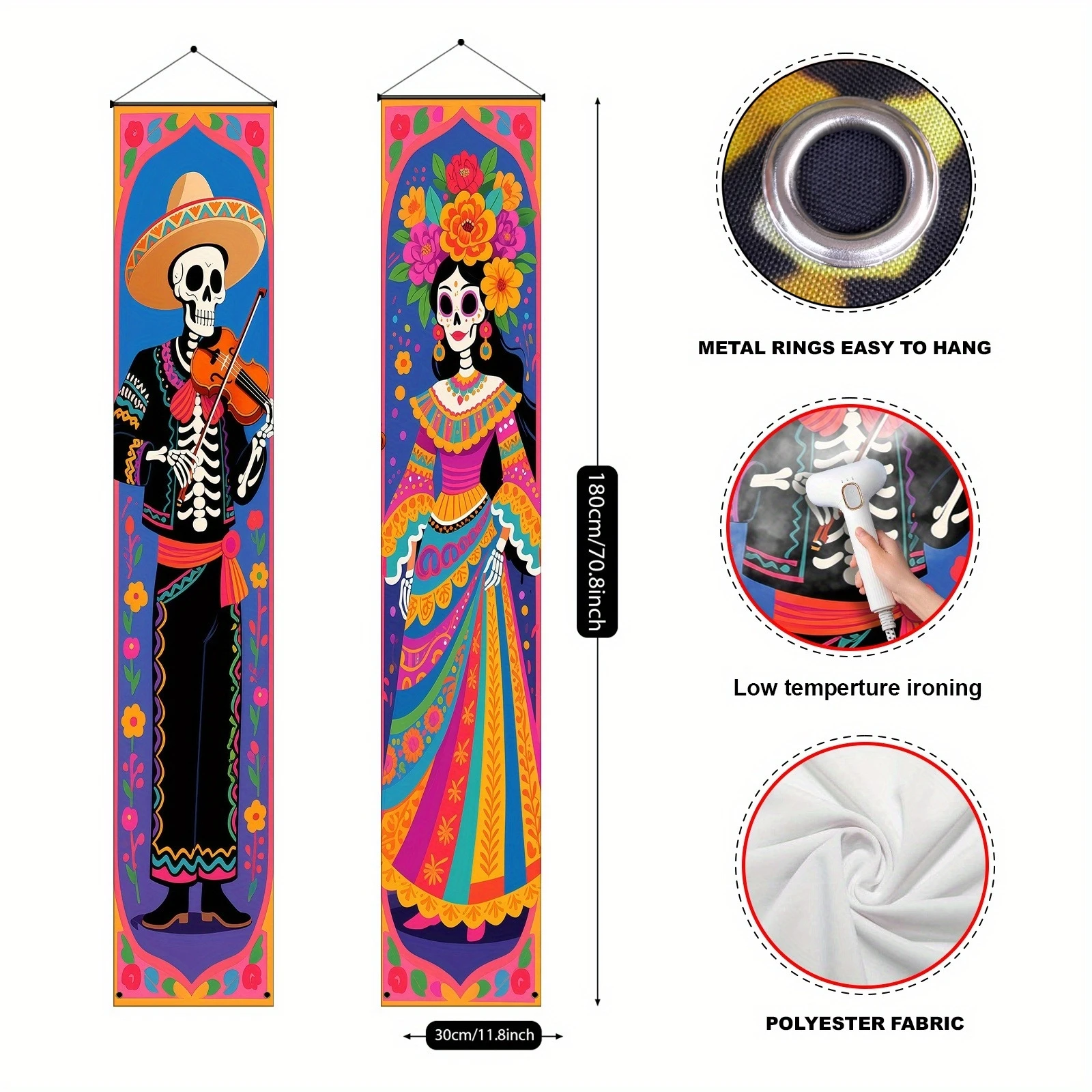 2 Stück Mexikanisches Dia De Los Muertos Türbanner Zuckerschädel Skelett Hängeschild Halloween Tag der Toten Fiesta Party Dekorationen – Detail 1