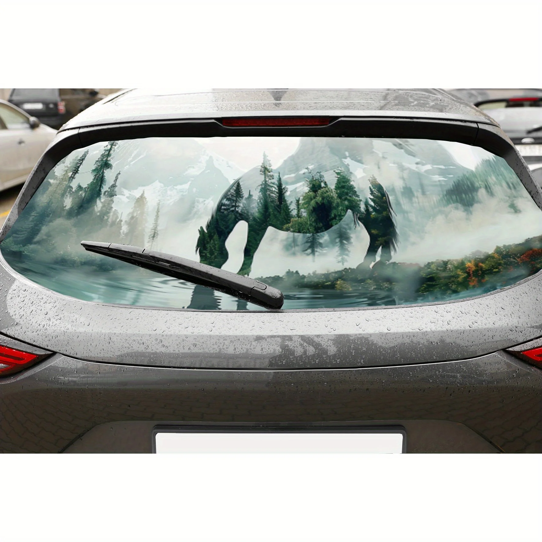 

Mountain River Horse Shadow PVC Perforated Car Vinyl Wraps, Durable Car Rear Windshield Sticker, Waterproof Car Rear Window Deca