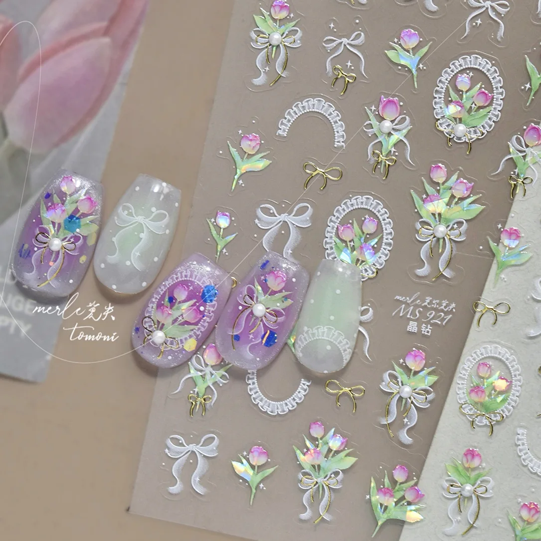 

1pcs 5D Crystal Diamond Nail Stickers Charming Flowers and Tulips Stickers Nails Ribbon Bowkont Nails Art DecorationsDecsl DIY