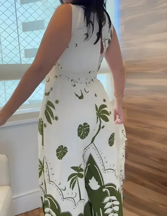 Jumpsuit ผู้หญิง 2025 ฤดูร้อนใหม่แฟชั่น Tropical พิมพ์รอบคอแขนกุดเอวสูง Casual ผูกรายละเอียดขากว้าง Jumpsuit