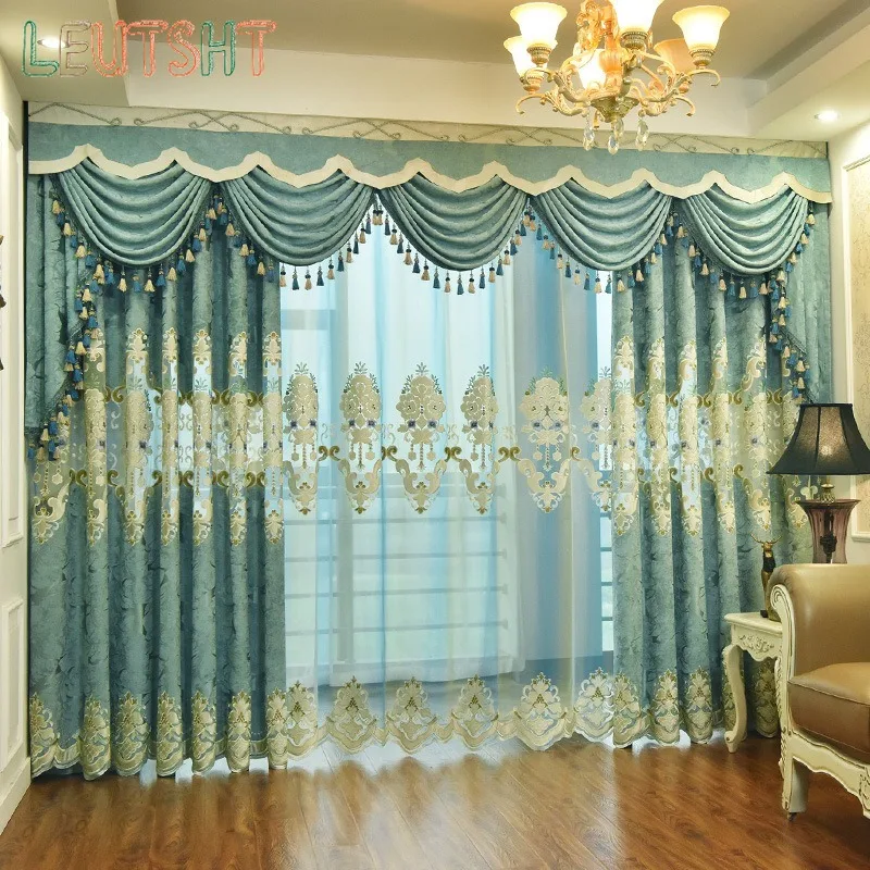European Luxury Curtains for Living Dining Room Luxury Thickened Chenille Blue Embroidered tulle Curtain Window valance Custom