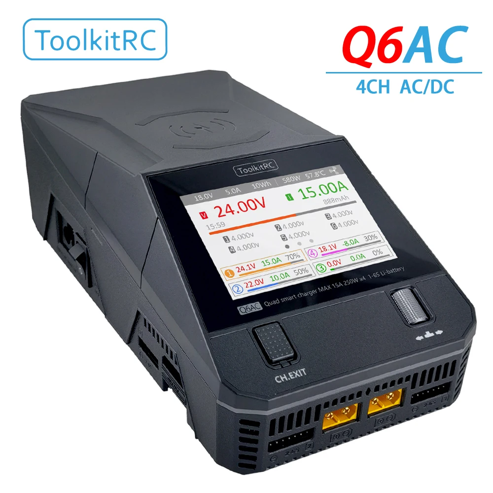ToolkitRC Q6AC Charger Intelligent 4-Channel 1S 2S 3S 4S 5S 6S Lithium Battery Fast Charging XT60 30 IPS 3.5-inch AC400W DC1000W
