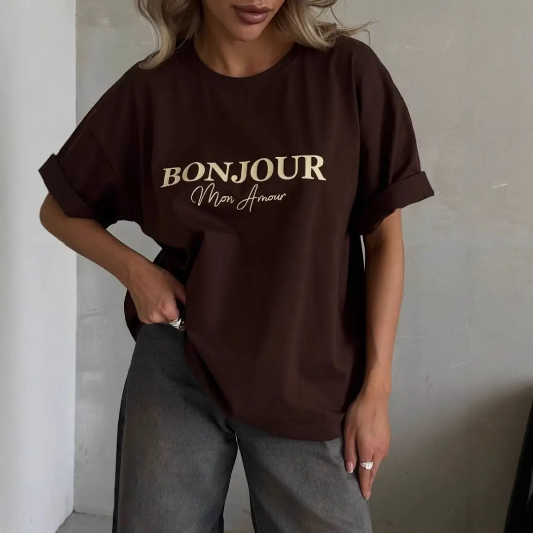2025 Frence Stylish Simple Letters Printed Loose Round Neck Short Sleeved T-shirt for Women Summer Casual Pure Cotton White Tops