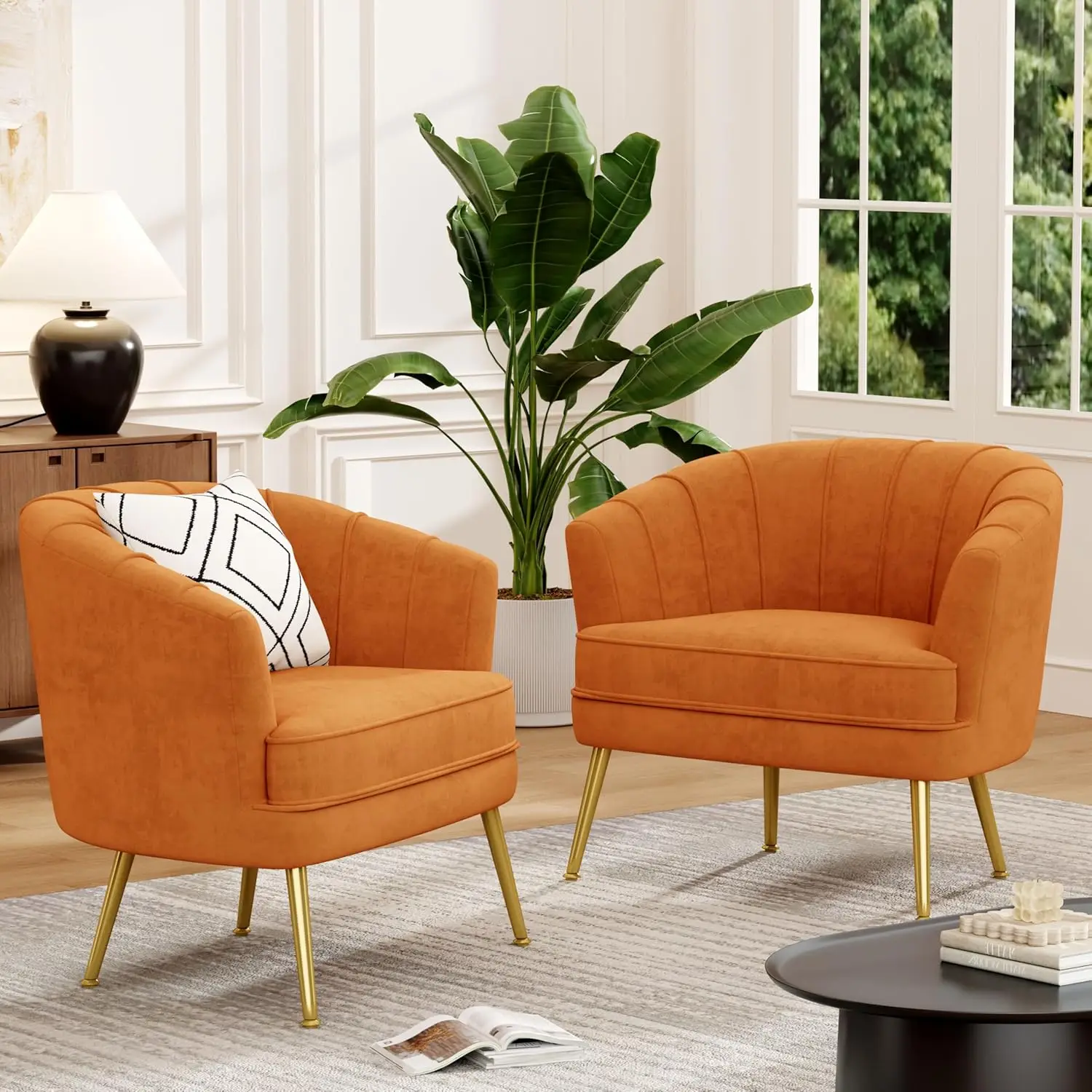 

Upholstered Modern Single Sofa Side Chair,Comfy Barrel Club Living Room Armchair with Golden Metal Legs, Orange