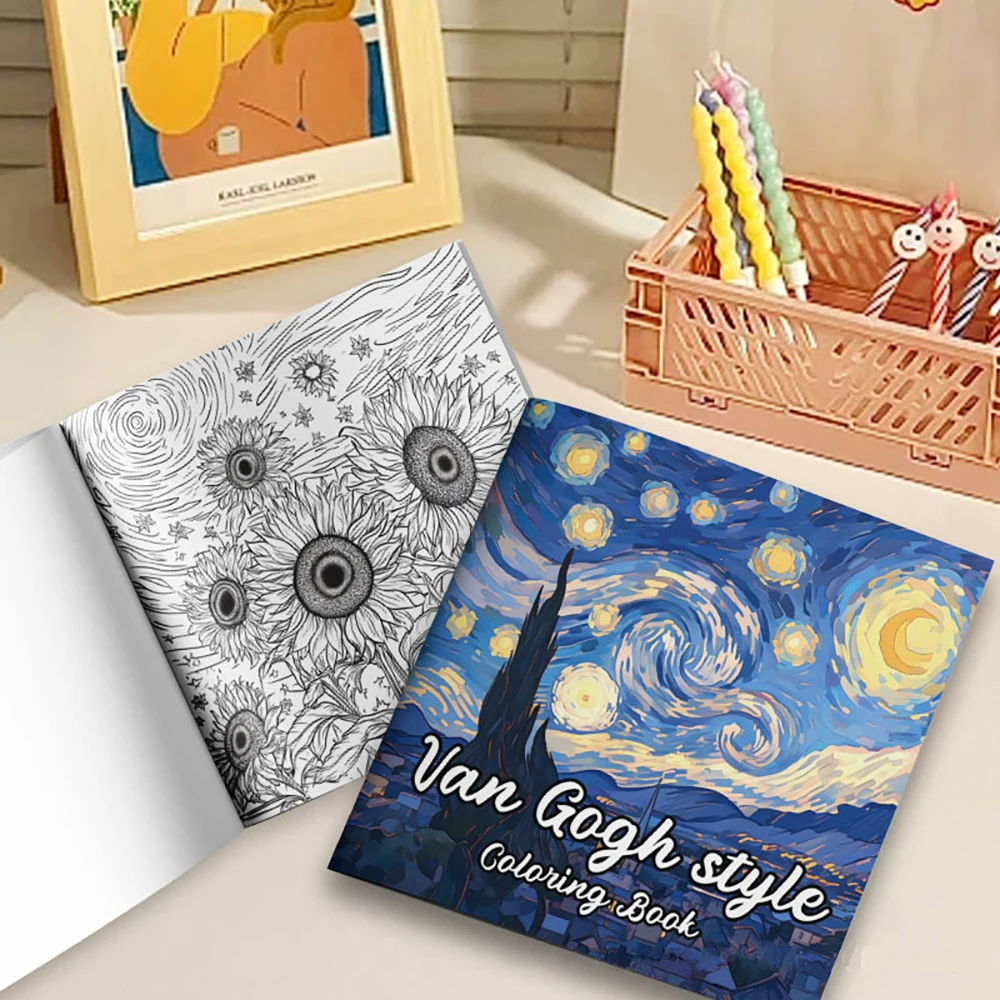 كتاب تلوين للبالغين مستوحى من Bview Art Van Gogh: علاج فني لتخفيف التوتر مع الرسوم التوضيحية المرسومة يدويًا وصفحات الرسم