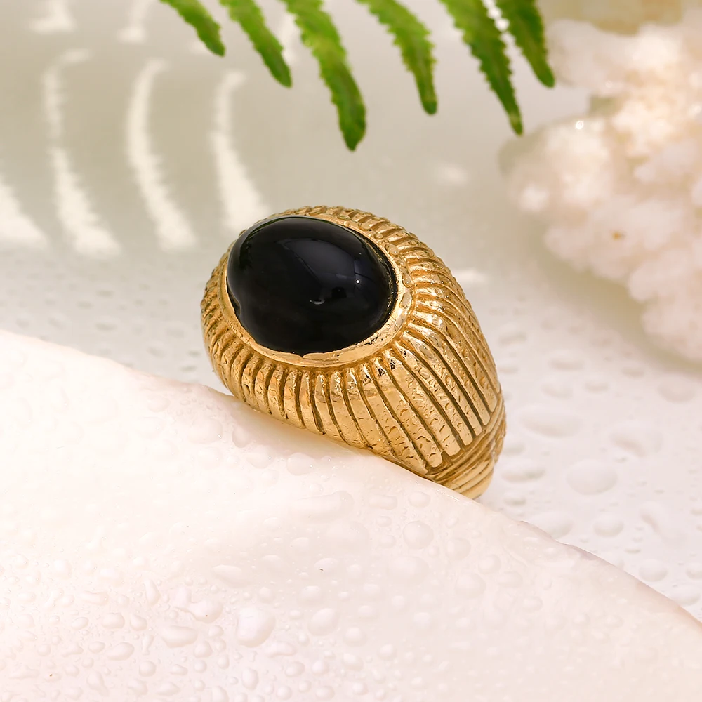 MamacitaSlay 18K Gold Plated Vintage Oval Black Agate Stripes rings stainless steel ring woman jewelry women Finger Decoration