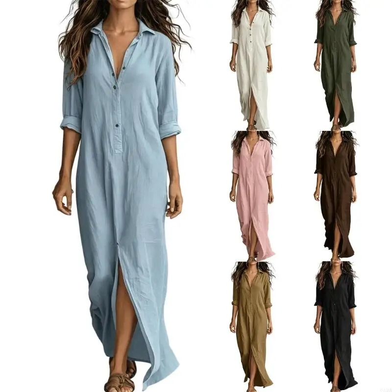 Damenkleid aus Leinen und Baumwolle in lässiger Farbe, böhmisches Hemdkleid mit Knopfleiste vorne, geeignet für Strandurlaube.