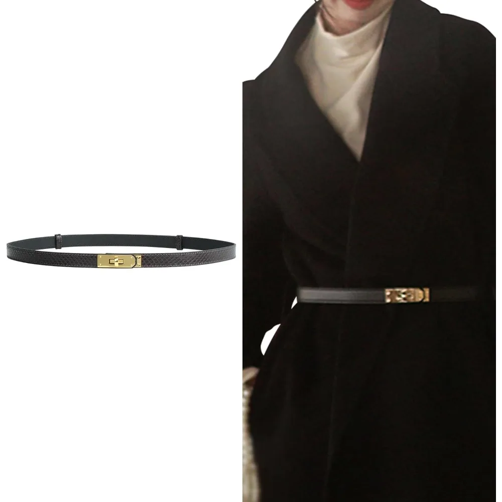 Cinto skinny de couro para mulheres – trava giratória ajustável, cor sólida, versátil para vestidos, jeans e casacos