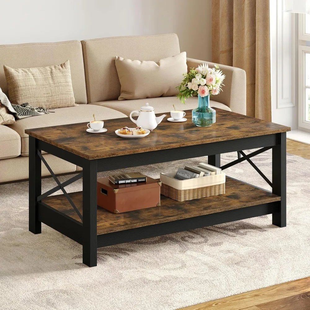 Coffee Table for Living Room,Modern Farmhouse Coffee Table with Storage,2-Tier Center Table for Living Room Wood Living Room Ta
