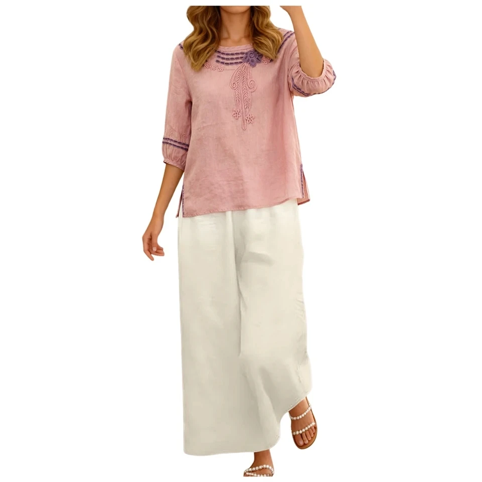 

Women Two-Piece Sets Embroidered Cotton And Linen Top And Wide Leg Pants Set Summer Round Neck 3/4 Sleeve Blouse Trousers Suit