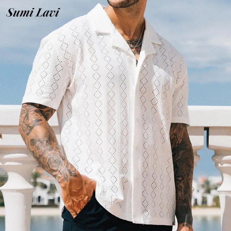 

2026 Summer Outdoor Casual Mens Knit Shirt Vintage Buttoned Lapel Solid Color Shirts Men Stylish Short Sleeve Hollow Out Shirts