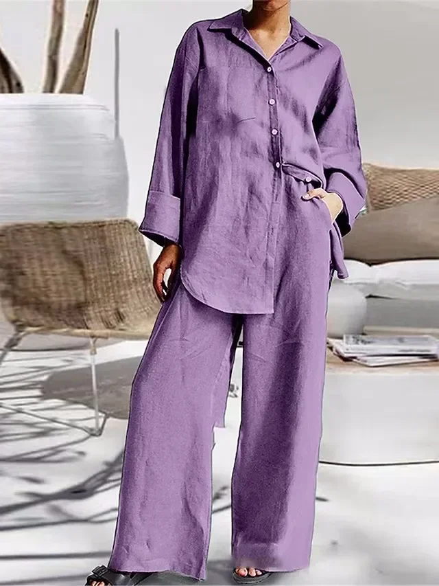 2024 Spring Cotton Linen Women Suit Black Turn-down Collar Shirt Long Pants Oversize Suits Female Summer Trendy Ladies Clothes