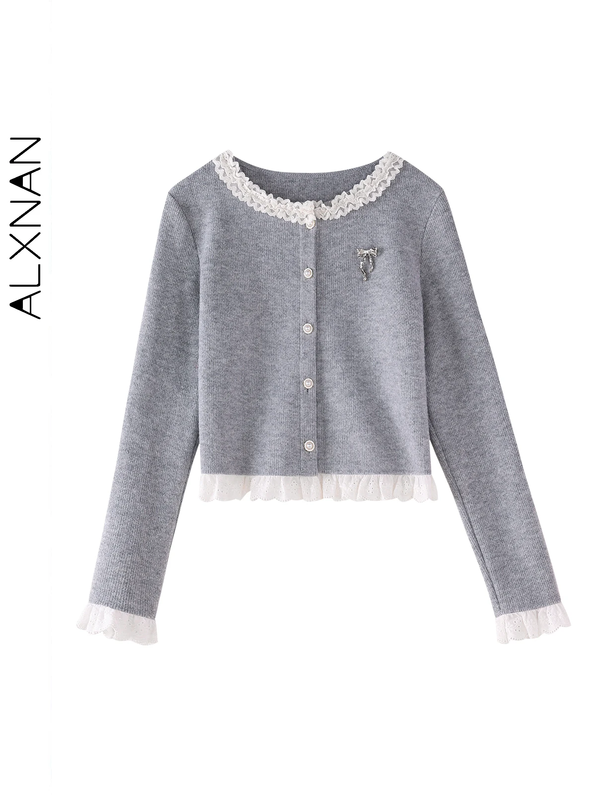 

ALXNAN Patchwork Knitted Gray Cardigan for Women Agaric Edge O-neck Metal Button&bow Fall Winter Commuter Sweater DYL661337SY