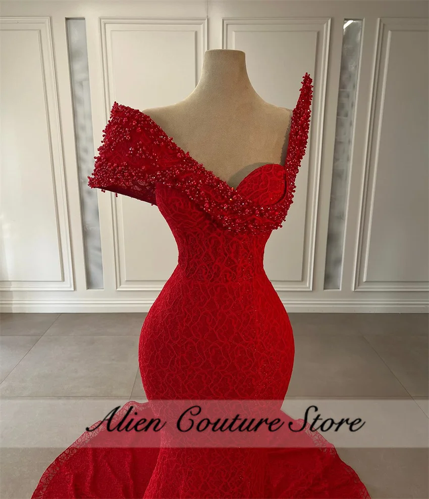 Luxury Red Lace Mermaid Evening Dress Bead Crystal Elegant Party Dress Woman 2024 Birthday Gown Wedding Reception Gown Customize