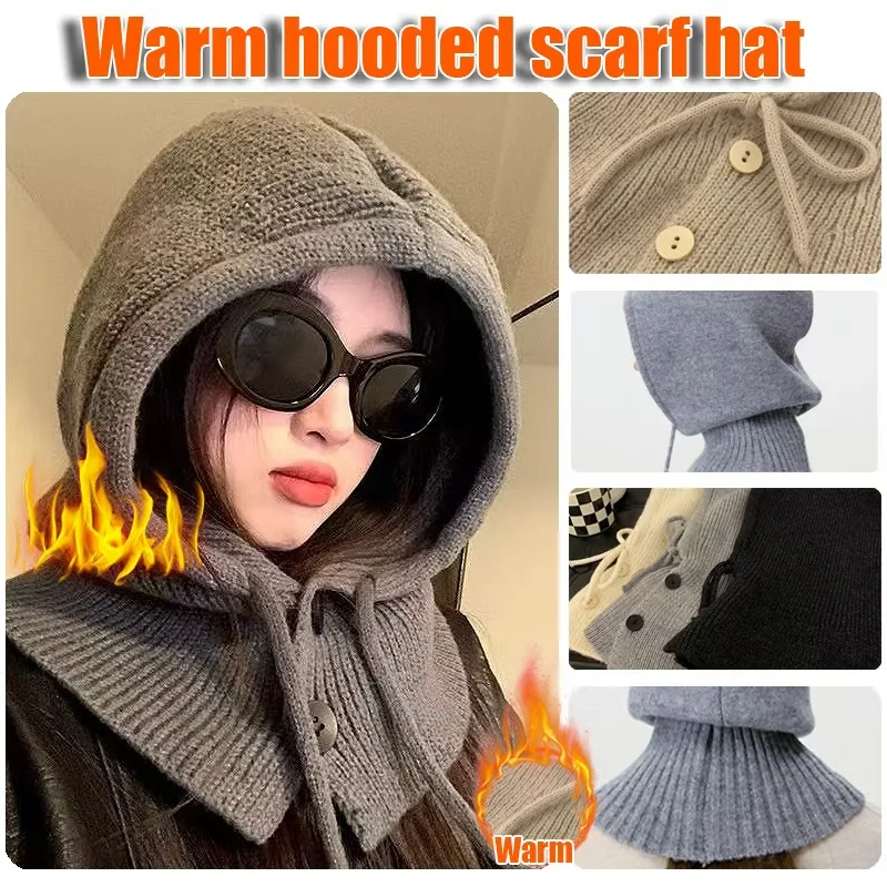 

1 шт. корейские вязаные шапки с капюшоном, зимние шапки-балаклавы, женские теплые шапки в корейском стиле на открытом воздухе, шапки с шейным воротником, шапки