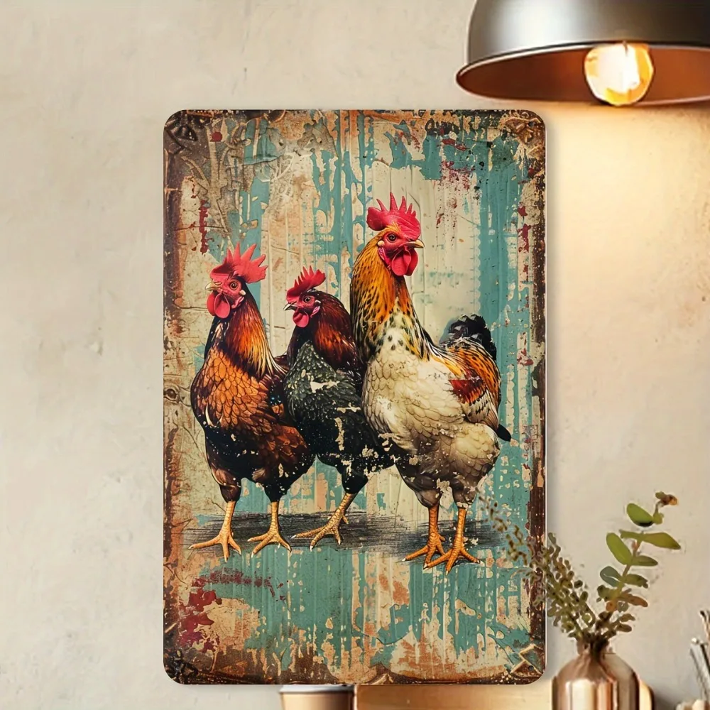 Colorful Rooster Farmhouse Metal Sign 20x30cm – Country Chicken Wall Art for Kitchen, Barn, Garden Shed or Coffee Bar