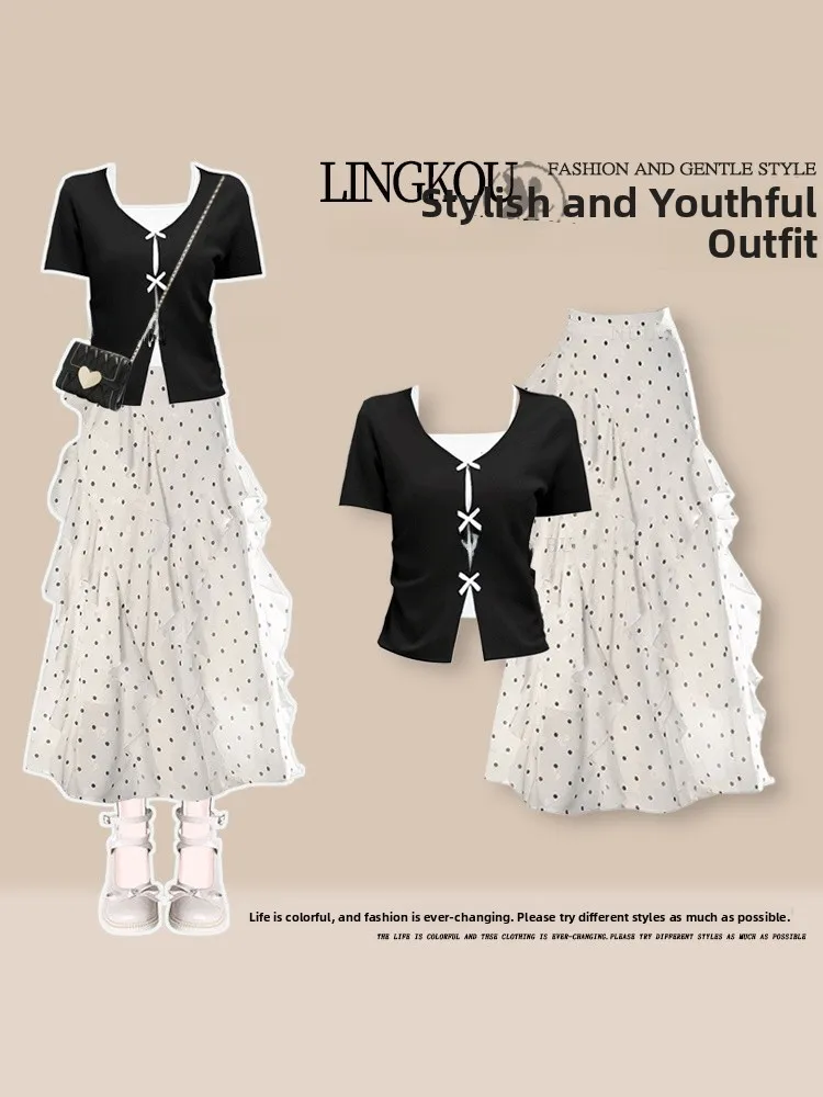 Elegant Gentle Women's Summer Outfit Two-Piece Set Slimming Asymmetrical Skirt Breathable V-Neck T-Shirt Casual Princess Style