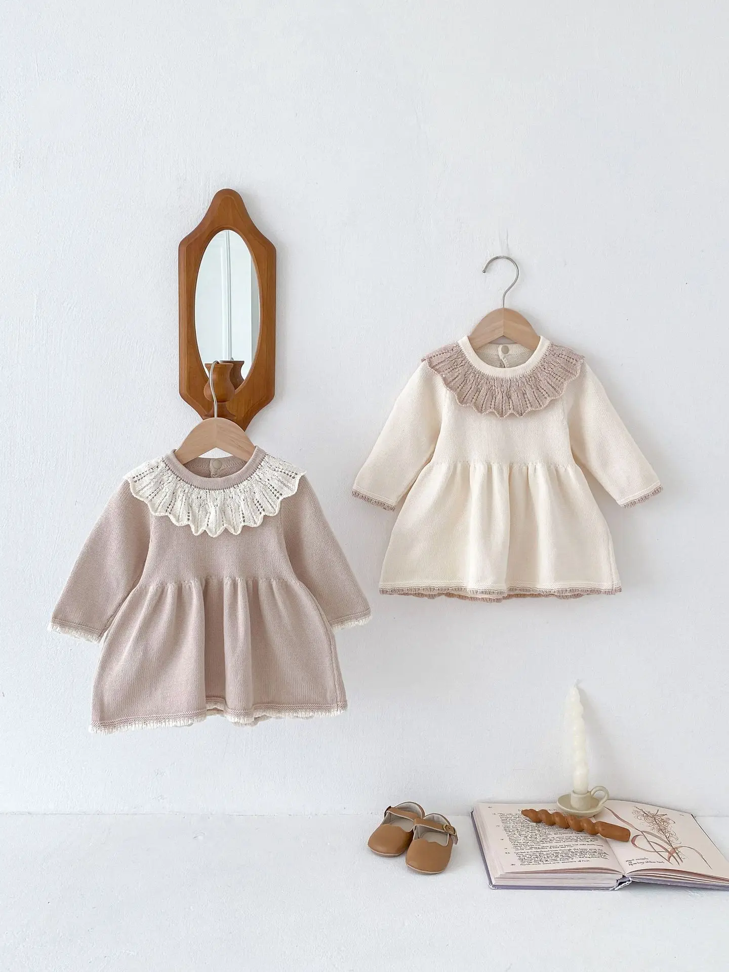 Girls Knitted Dresses Autumn Winter Long Sleeve Warm Kids Sweater Dress Cute Lotus Leaf Collar 6M-4T Toddler Soft Knit Dress