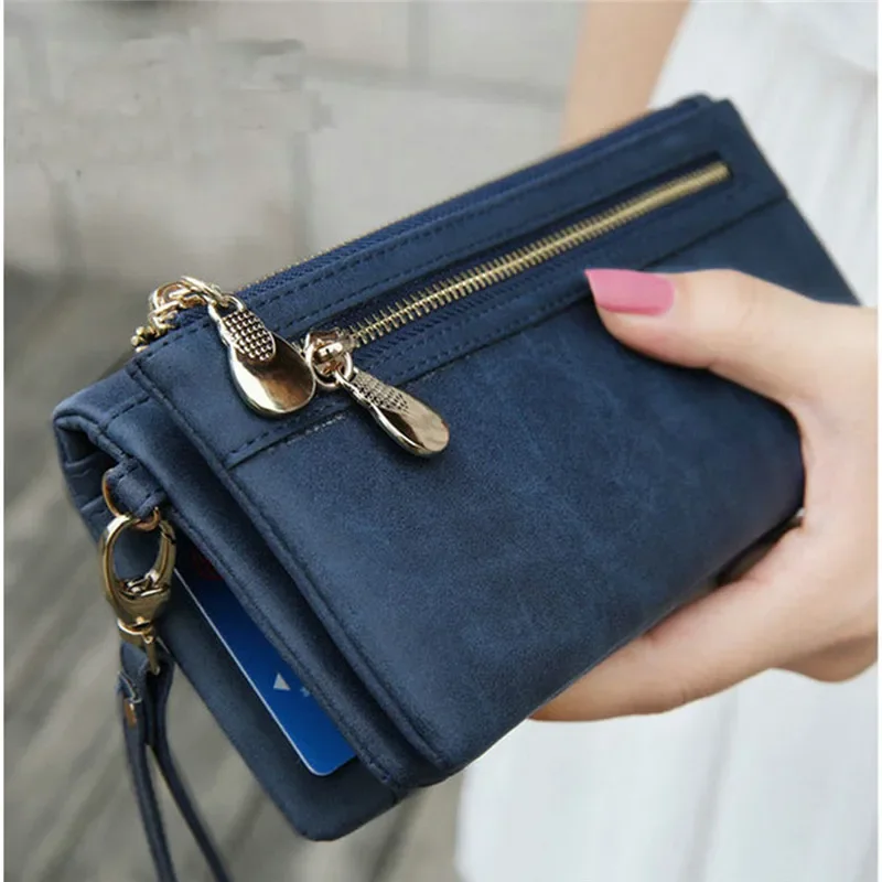 Portefeuille en cuir PU pour femme, sac à main rétro conviviale ré, double fermeture éclair, long sac à main pour téléphone portable, nouvelle mode