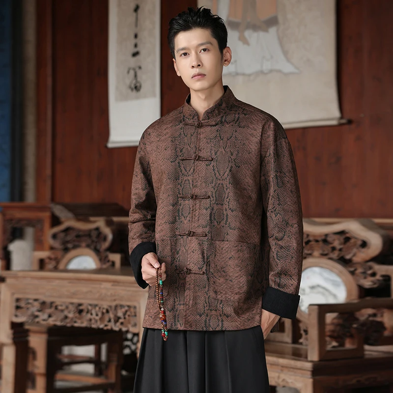 

New Chinese Sle Men's Long Sve Jaet Autumn Winter Python Pattern Embroidery Large Size Outerwear Youth Faion Cotton