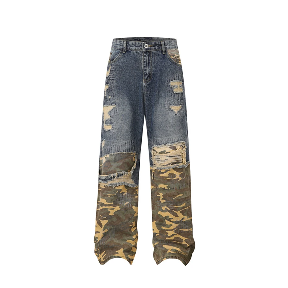 Hip Hop Camouflage Jeans Mens Streetwear Punk Y2k Ripped Hole Denim Trousers Men Harajuku Vintage Washed Baggy Wide-leg Pants