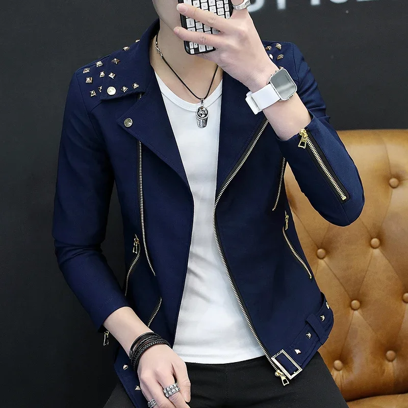 HOO 2024 Riveting Nail Cool Diagonal Zip Jacket Youth Popular Slim Autumn Lapel Jacket