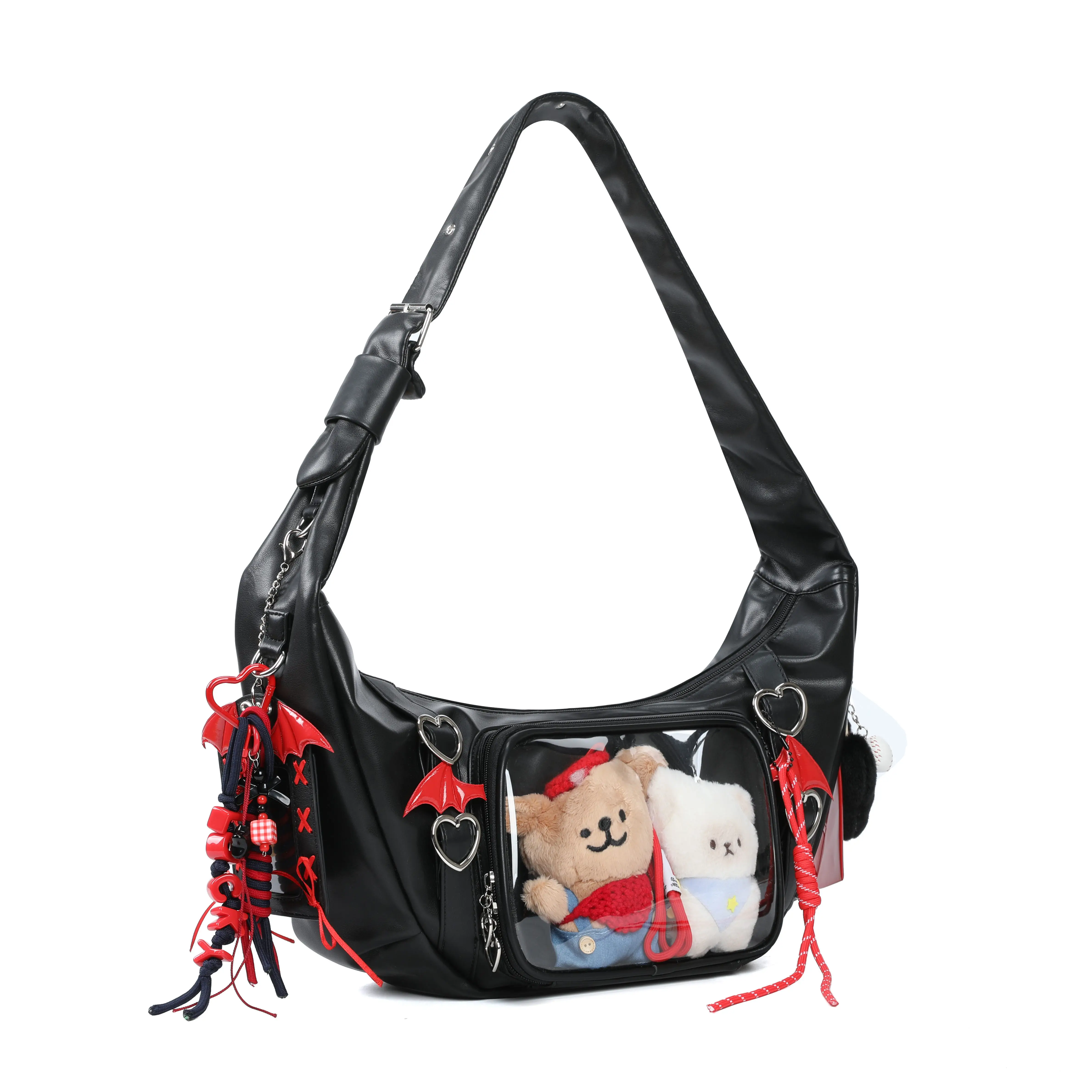 Y2K Crossbody Lta Bag Clear Transparent Display Window Heart Metal Ring Decor Adjustable Wide Strap Casual Sling Shoulder Purse