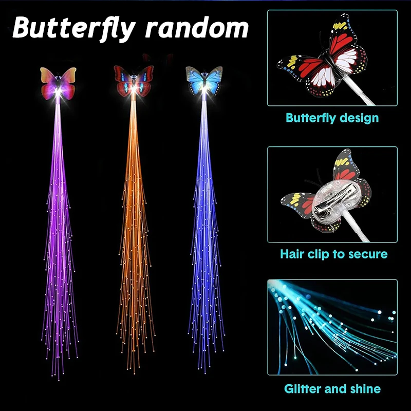 Butterfly Light up Hair Clip Color changes luminous Hair Braid Club costumes girl\'s glowing hair accessories performance props