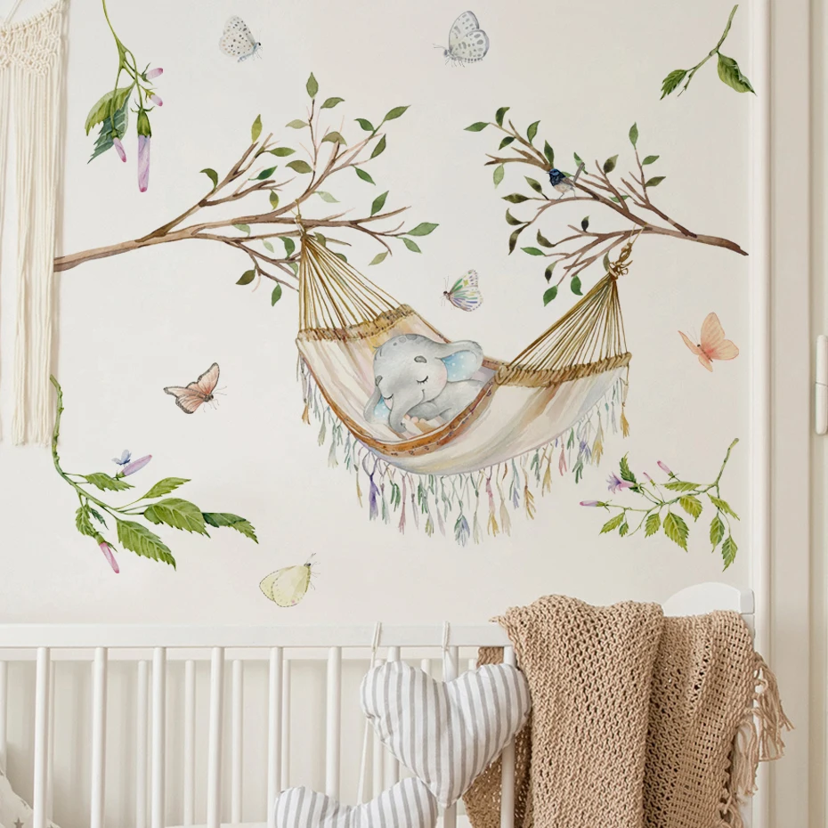 Cute Elephant sleeping in a hammock Branches Leaves Wall Sticker Bedroom Kids Room Wall Decals Living Room Decor Home