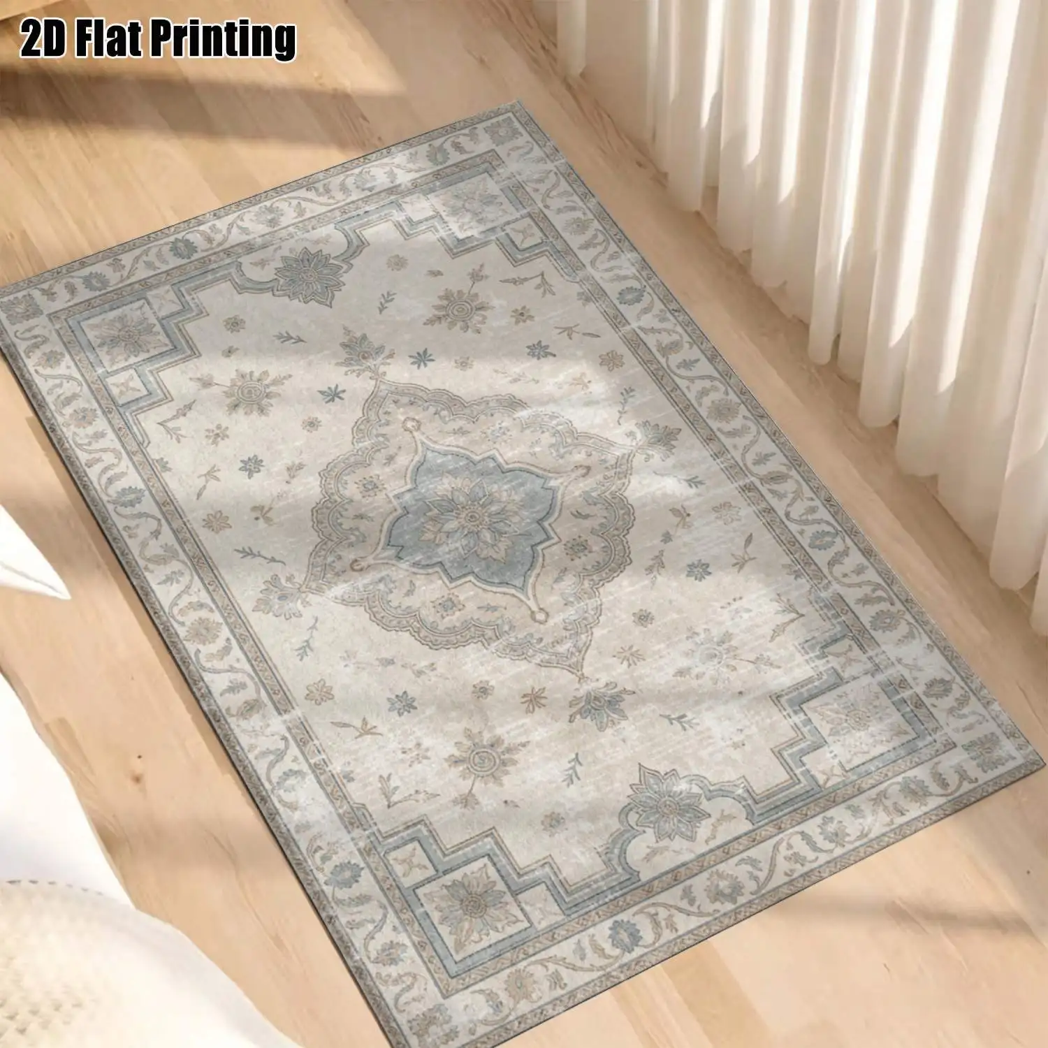 1Pc 2D Printed Blue-Grey Retro Floral European Carpet, Multi-Size, Machine-Washable, Ideal for Entrance, Dining Room, Foyer, Bedroom & Living Room Home Decoration