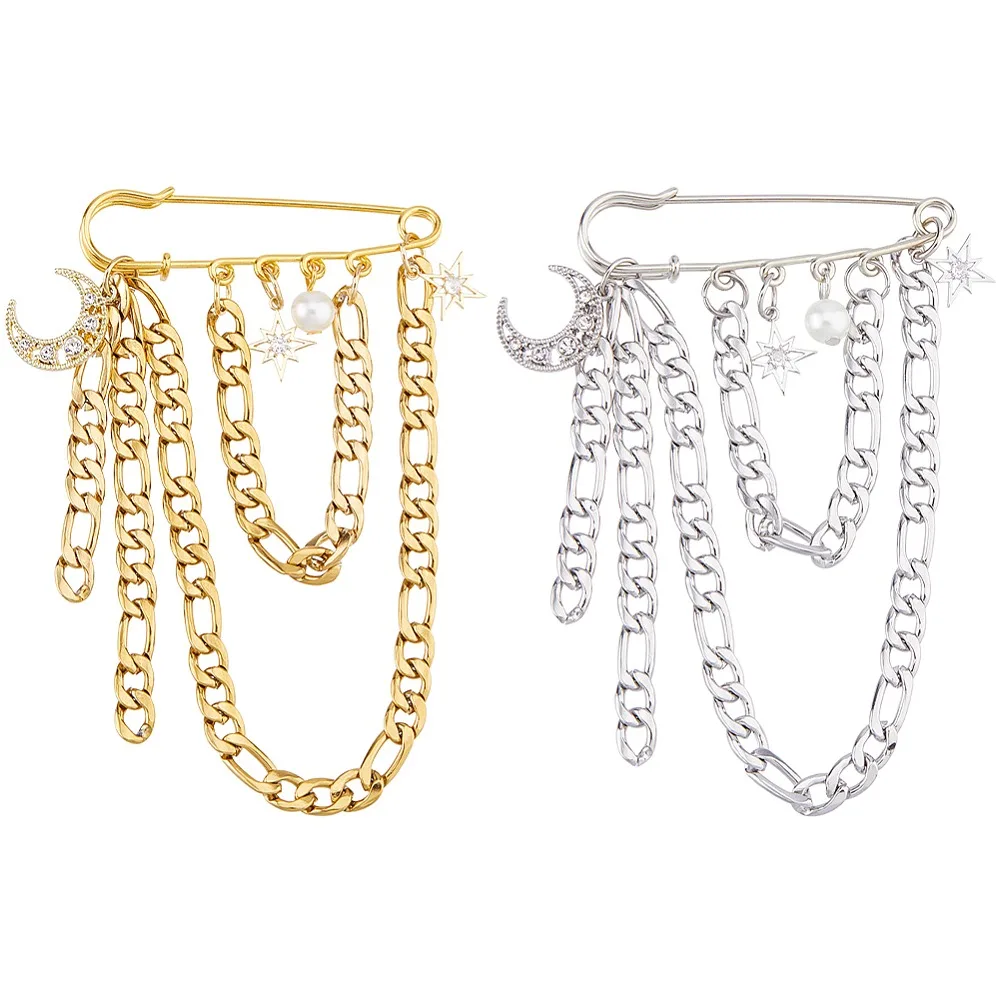

2Pcs 2 Styles Moon Star Pendants Alloy Rhinestone Brooches with Acrylic Pearl and 304 Stainless Steel Figaro Chains