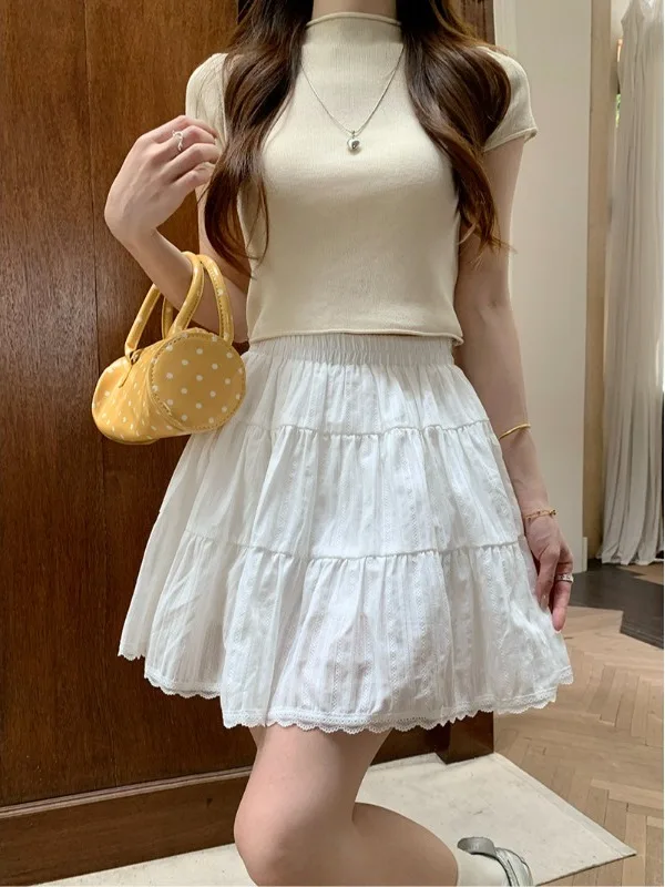 

plus Size Lace Splice Hem A-Line Skirt High Waist Slimming Summer Casual Korean Style Cake Skirt for Plump Women